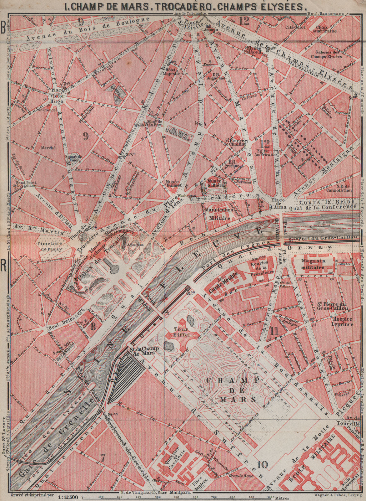 CHAMP DE MARS TROCADÉRO CHAMPS ÉLYSÉES town city plan. Paris 7e 8e 16e 1910 map